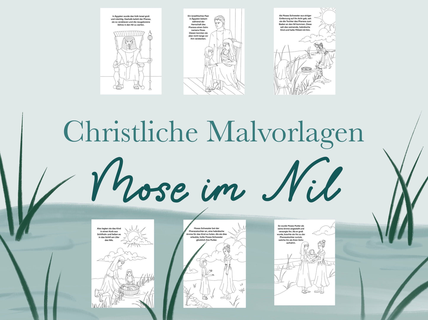Christliche Malvorlage - Mose im Nil; Ausmalbild für Kinder; Druck Dateien
