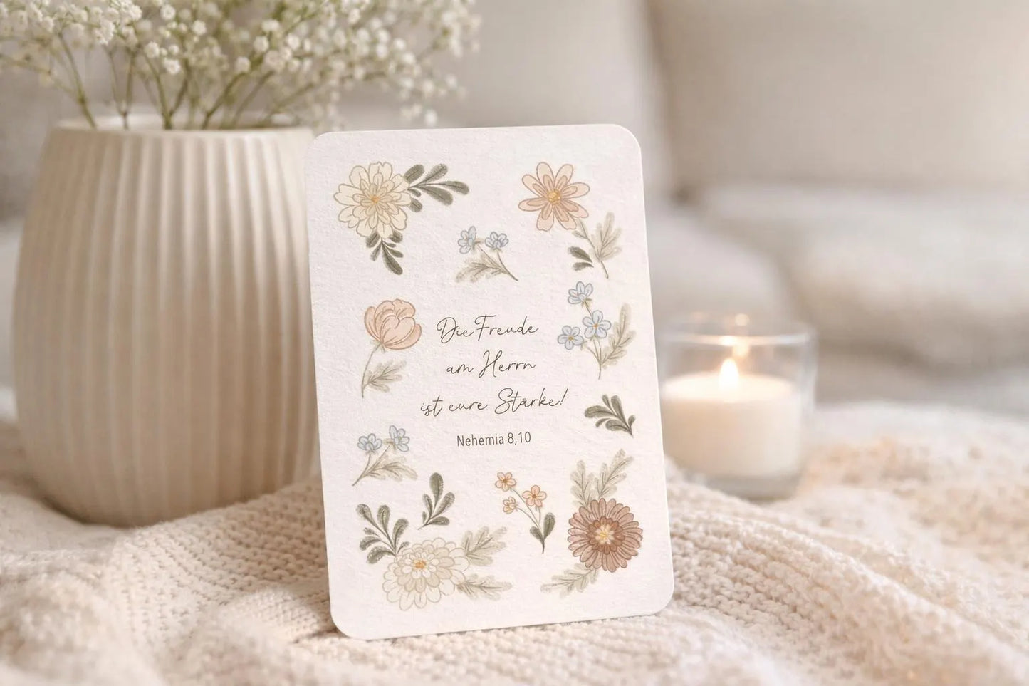 Postkarte Nehemia 8,10 - Rosa Blumen