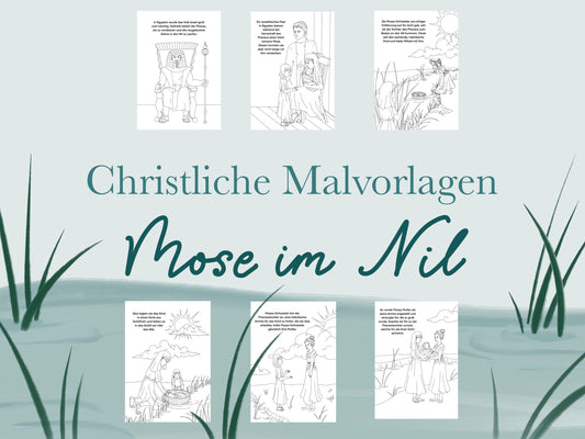 Christliche Malvorlage - Mose im Nil; Ausmalbild für Kinder; Druck Dateien