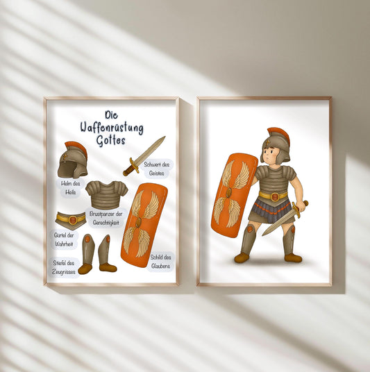 Christliche Poster 2er Set Waffenrüstung Gottes christliches Poster für Kinder Zimmer Poster Bibelverse Kinder wanddeko Lernposter
