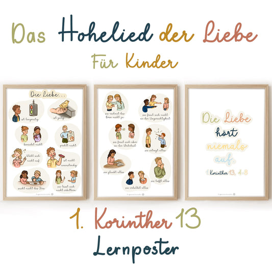 Christliche poster 3er set Lernposter Set Hohelied der Liebe christliches Poster mit Bibelversen für Kinderzimmer Wanddekoration Geschenk