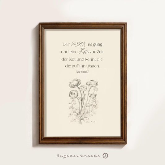 Christliche Poster Bibelvers Nahum 1,7 Wildblumen Christliches Geschenk Geburtstag Wandkunst vintage Bibelvers Blumen Wanddekoration Taufe