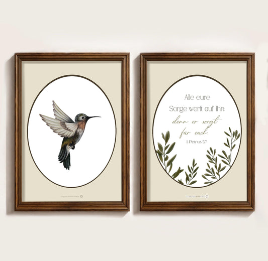 Christliches Poster 2er Set mit Bibelvers 1. Petrus 5,7 – Cottagecore Vintage Wandkunst | Elegante christliche Deko & christliche Geschenke