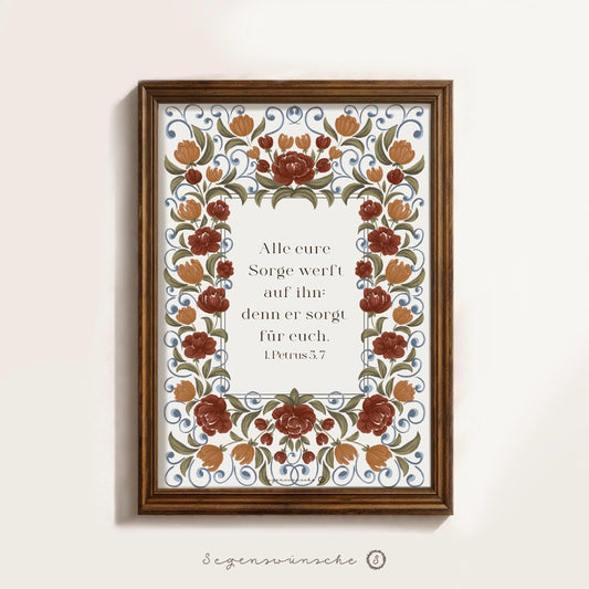 Christliche Poster 1. Petrus 5,7 Poster Bibelvers Wandbild Christliche Dekoration Wildblumen Illustration christliches Geschenk zur Taufe