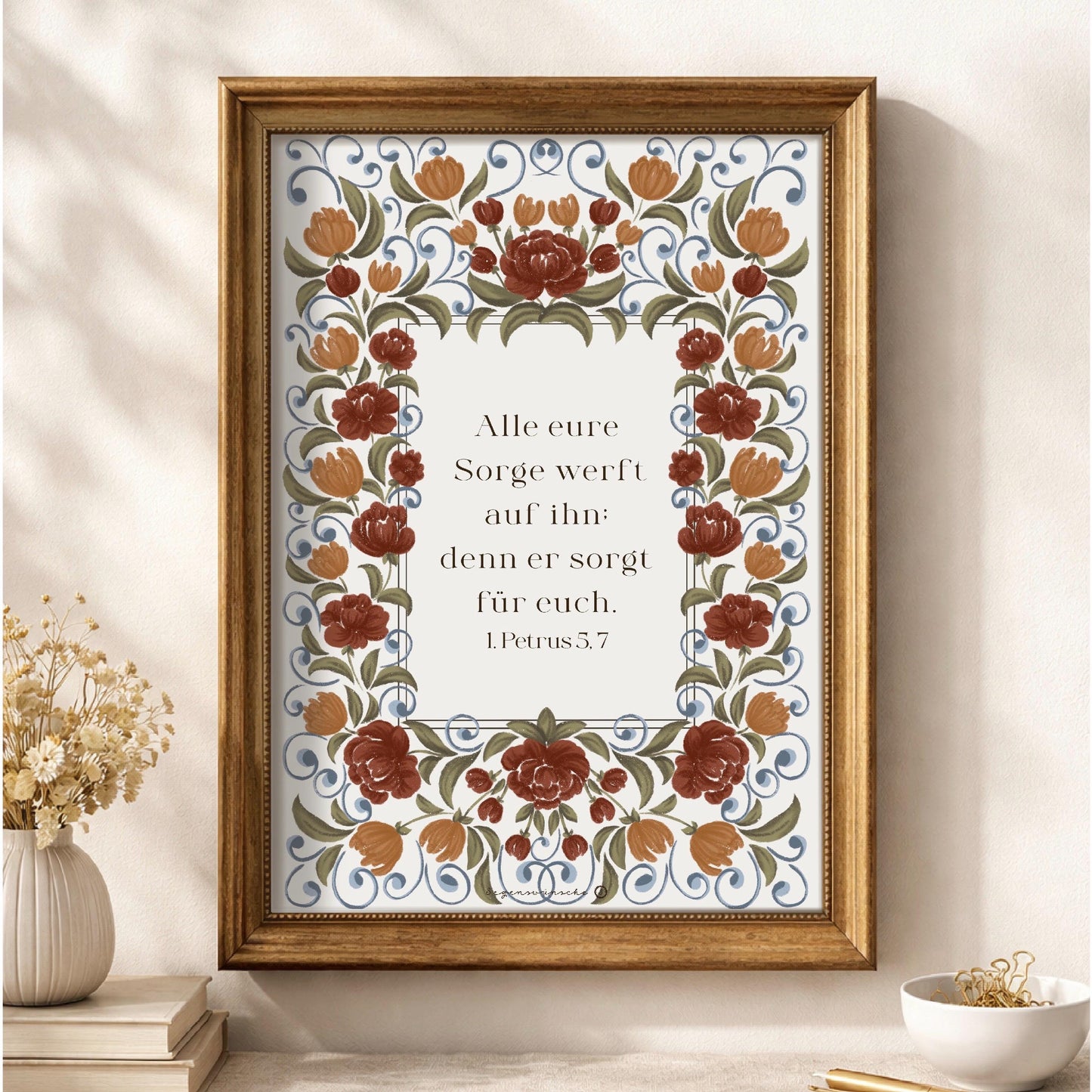 Christliche Poster 1. Petrus 5,7 Poster Bibelvers Wandbild Christliche Dekoration Wildblumen Illustration christliches Geschenk zur Taufe