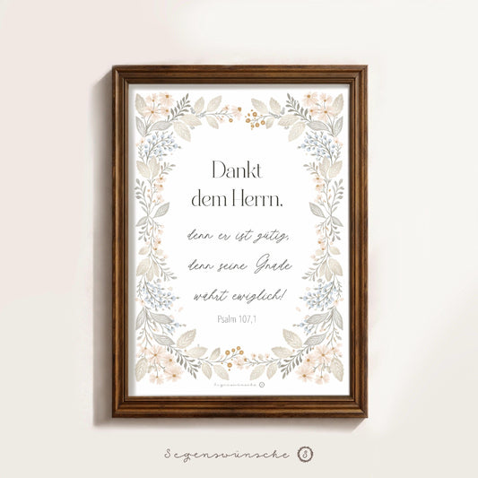 Christliche Poster Psalm 107,1 Poster Bibelvers Wandbild Christliche Dekoration christliches Geschenk zur Taufe christliche geschenke shop